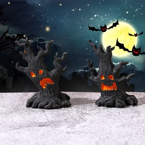 Halloween tree monster resin figurines with glowing orange eyes and dark bark texture
