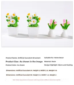 Detailed dimension guide for miniature dollhouse resin daisy and tulip potted plants