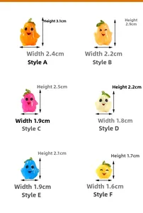 Size chart showing dimensions for six resin miniature pumpkin figurines in various colors