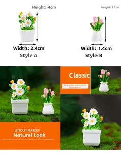 Miniature dollhouse potted white daisy and pink tulip flowers with size measurements
