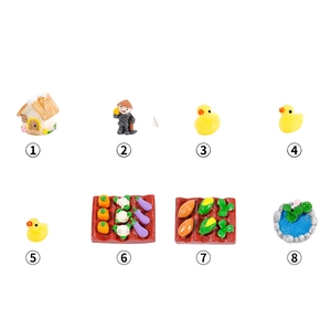 Miniature dollhouse farm set with resin peasants, vegetable baskets and duck figurines