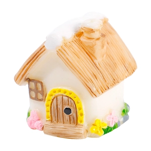 Miniature resin dollhouse farm cottage with snowy roof and yellow arched doorway