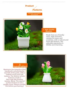 Macro detail of handmade dollhouse miniature succulent and tulip pots in white planters