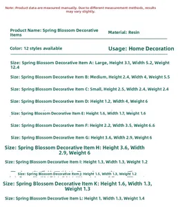 Detailed size chart for resin frog and duck figurines showing heights and weights of 12 styles