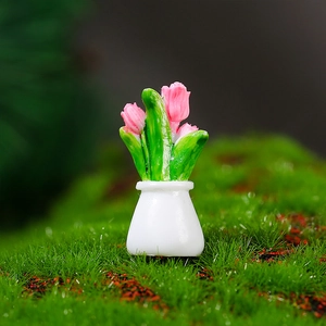 Miniature dollhouse pink tulip plant in white pot for micro landscape garden decor