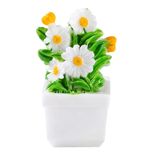 Miniature dollhouse potted white daisies in a square white planter for decor
