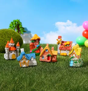 Set of 6 colorful miniature fairy garden cottages with stone and wood textures