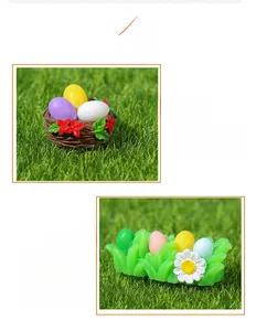 Macro detail of resin Easter egg nest and grass miniature figurine handmade crafts
