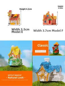Vue détaillée de mini maisons de jardin en résine avec moulin à vent et toits en herbe