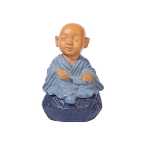 Cute resin little monk statue sitting on rock base for bonsai or desk decoration