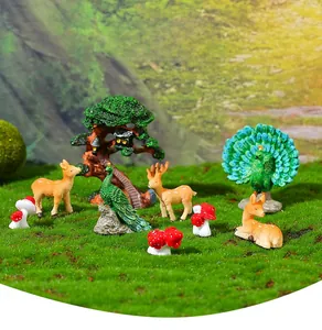 Detailed set of miniature resin deer, peacock, and mushroom for garden micro landscape