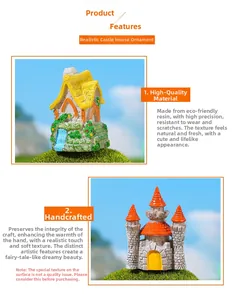Vue détaillée du château miniature et du cottage en résine faits à la main