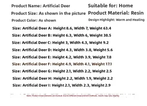 Detailed size chart for resin deer miniatures with dimensions and weight in centimeters and grams