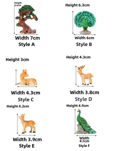 Detailed dimensions of miniature resin peacock, deer, and tree house garden figurines