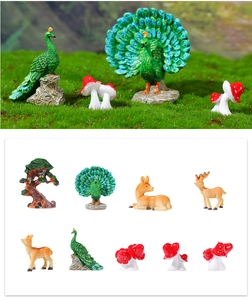 Miniature resin set with peacock, deer, mushroom, and tree house for garden DIY