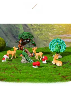 Miniature resin garden set with deer, peacocks, mushrooms and tree house for landscaping