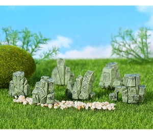 Detailed view of miniature resin rockery stones with vintage textures for garden landscaping