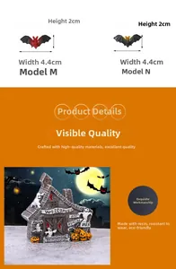 Miniature Halloween resin haunted house and bat figurines for holiday table decor