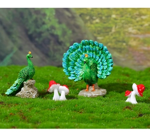 Miniature resin peacock and mushroom set for garden landscaping and micro-landscape decor