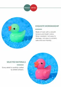 Close-up of colorful resin duck miniatures with smooth texture and vivid orange beaks