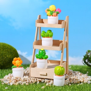 Miniature dollhouse cactus succulent plants on a 3-tier wooden stand for fairy gardens