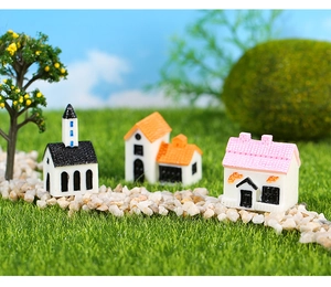 Miniature resin houses and small tree for moss landscape and succulent DIY decoration
