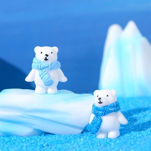 Resin Micro Landscape Polar Bear Figurines With Blue Scarf For Winter DIY Snow Scene Decor Miniature Polar Bear Ornaments