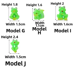 Miniature frog resin figurines for micro landscapes showing styles G H I J with dimensions
