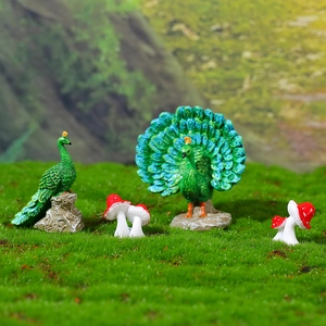 Miniature peacock and mushroom figurine set for fairy garden moss landscape decor