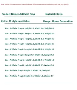 Size chart showing dimensions and weight for ten resin frog aquarium landscape decorations