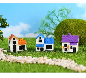 Detailed trio of miniature European style houses for fairy gardens and succulent decor