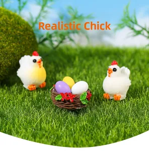 Miniature white resin chickens with nest and colorful eggs for micro landscape DIY decor