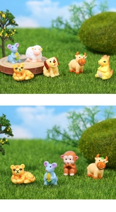 Gros plan de figurines d'animaux en résine pour micro-paysages sur mini pelouse
