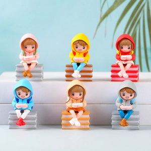 Resin Cartoon Girl Reading Book Figurine Desktop Ornament Micro Landscape Decoration Cute Hooded Girl Statue Home Decor Gift