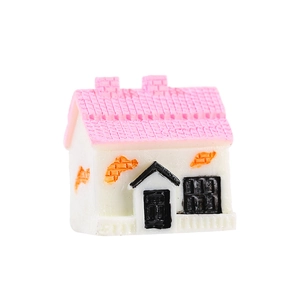 Miniature fairy garden house model with pink roof and stone texture for DIY landscape