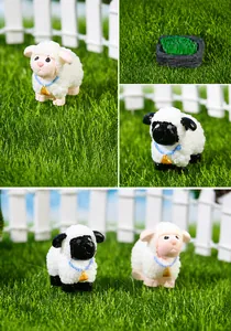 Miniature resin sheep figurines with blue collars and bells for micro landscape decor