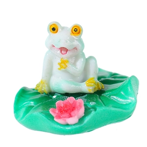 Miniature frog sitting on a green lotus leaf with pink flower resin fish tank ornament