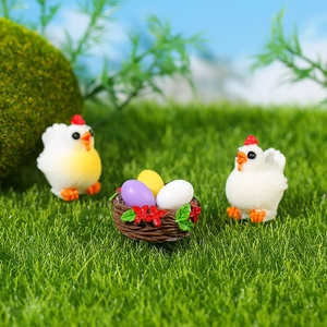Miniature white resin chicks and bird nest with colored eggs for DIY moss micro landscape