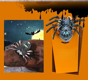 Close-up of Halloween decorative black spider with detailed blue skull pattern on back