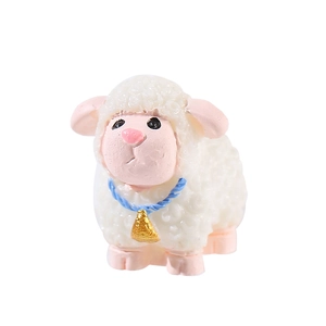 Miniature cute resin sheep figurine with blue collar and golden bell for micro landscape