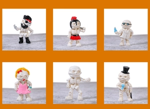 Vista dettagliata di sei miniature di scheletri in resina per decorazioni di Halloween