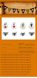 Detailed size chart for Halloween resin ghosts and spiders with dimensions and weight