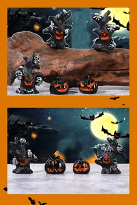 Detail of Halloween resin miniatures featuring spooky black trees and glowing pumpkin lanterns