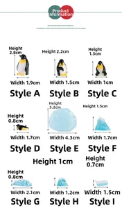 Detailed size guide for miniature resin penguin figurines and ice block decor