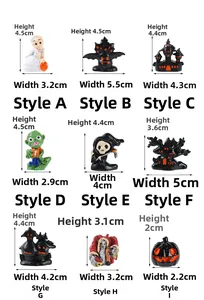 Detailed grid view of 9 Halloween resin miniatures with dimensions and spooky styles