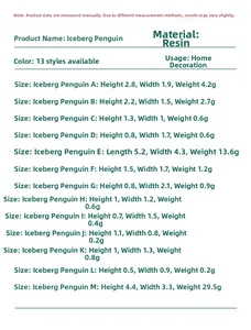 Detailed size chart for resin penguin figurines with dimensions and weight for each model
