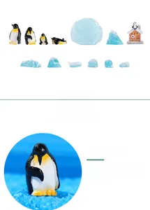 Detailed view of miniature resin penguin figurines and blue icebergs for micro landscapes