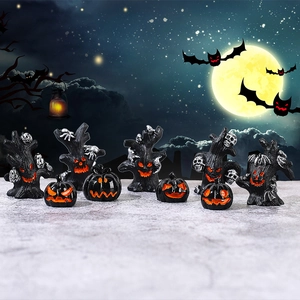 Halloween miniature resin spooky tree and pumpkin set with skull decor on night moon background