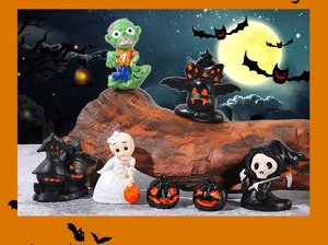 Miniature Halloween figures set with pumpkin, ghost, and haunted house models for decoration