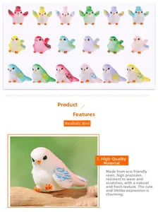 Vue détaillée de figurines d'oiseaux en résine montrant les plumes et la peinture